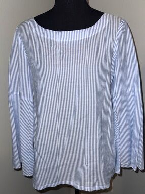 J McLaughlin Blue and White Striped Long-Sleeve Women's Blouse Bell sleeve